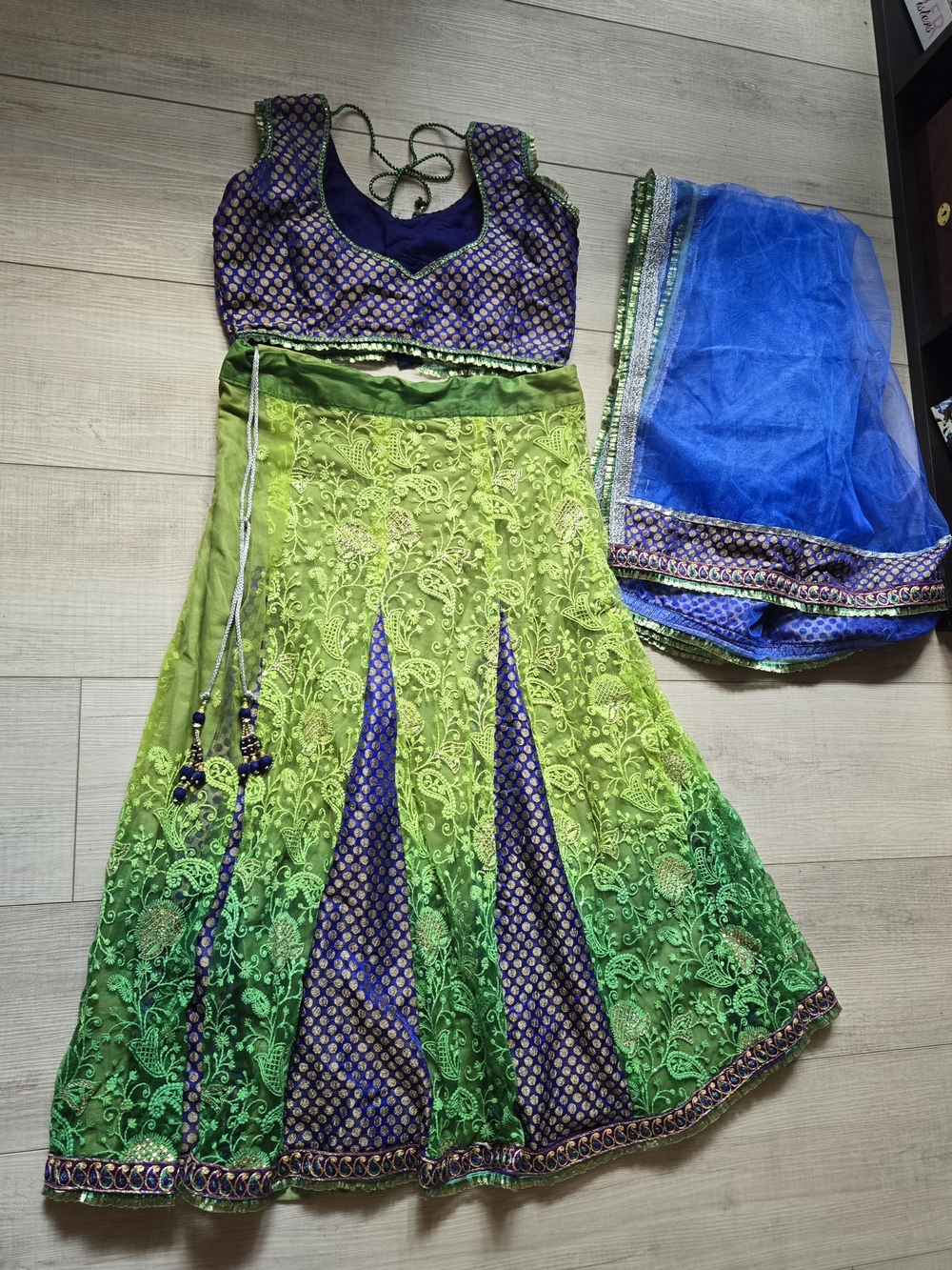 Indian Pakistani Garba Lime Green and Royal Blue Embroidered Lehenga Size XS